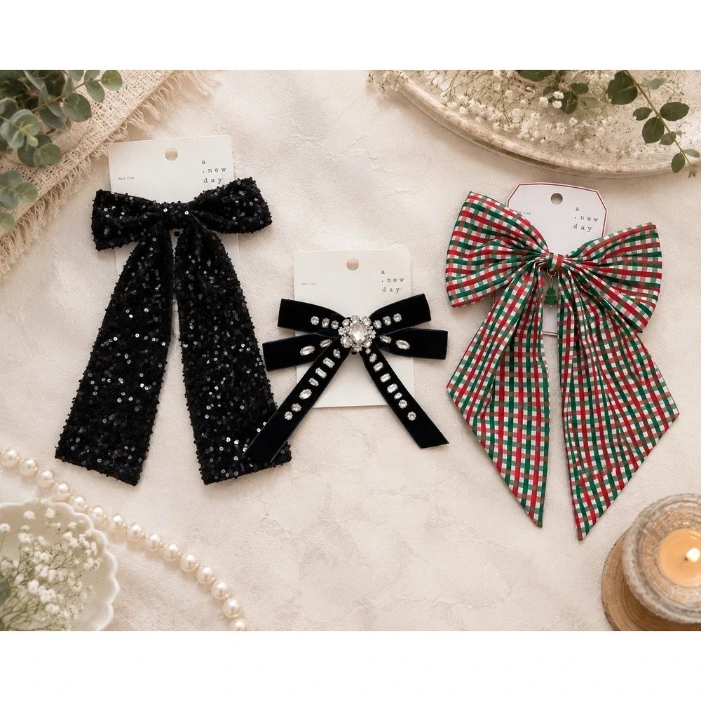 A New Day Hair Bow Barrette Set 3 NWT Rhinestone Velvet Christmas Plaid Sequin